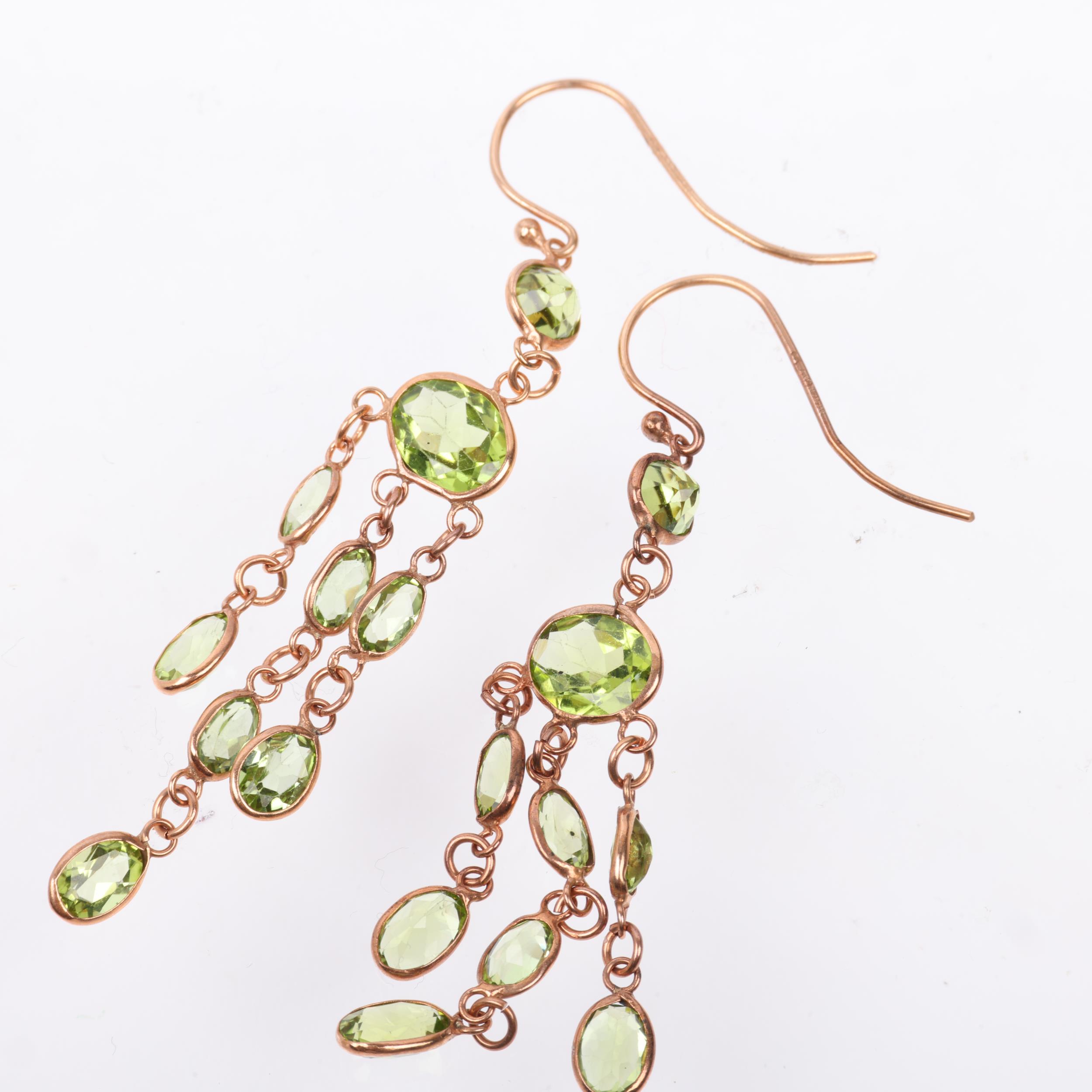 A pair of 9ct rose gold peridot triple drop earrings, maker SA, London 2017, set with oval and - Image 3 of 4