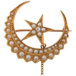 A Victorian 18ct gold split pearl and diamond crescent moon and star brooch, maker SS, circa 1880,