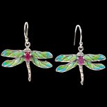 A pair of sterling silver ruby and plique-a-jour enamel figural dragonfly drop earrings, with