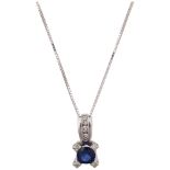 A modern 14ct white gold sapphire and diamond pendant necklace, on 18ct fine box link chain, pendant