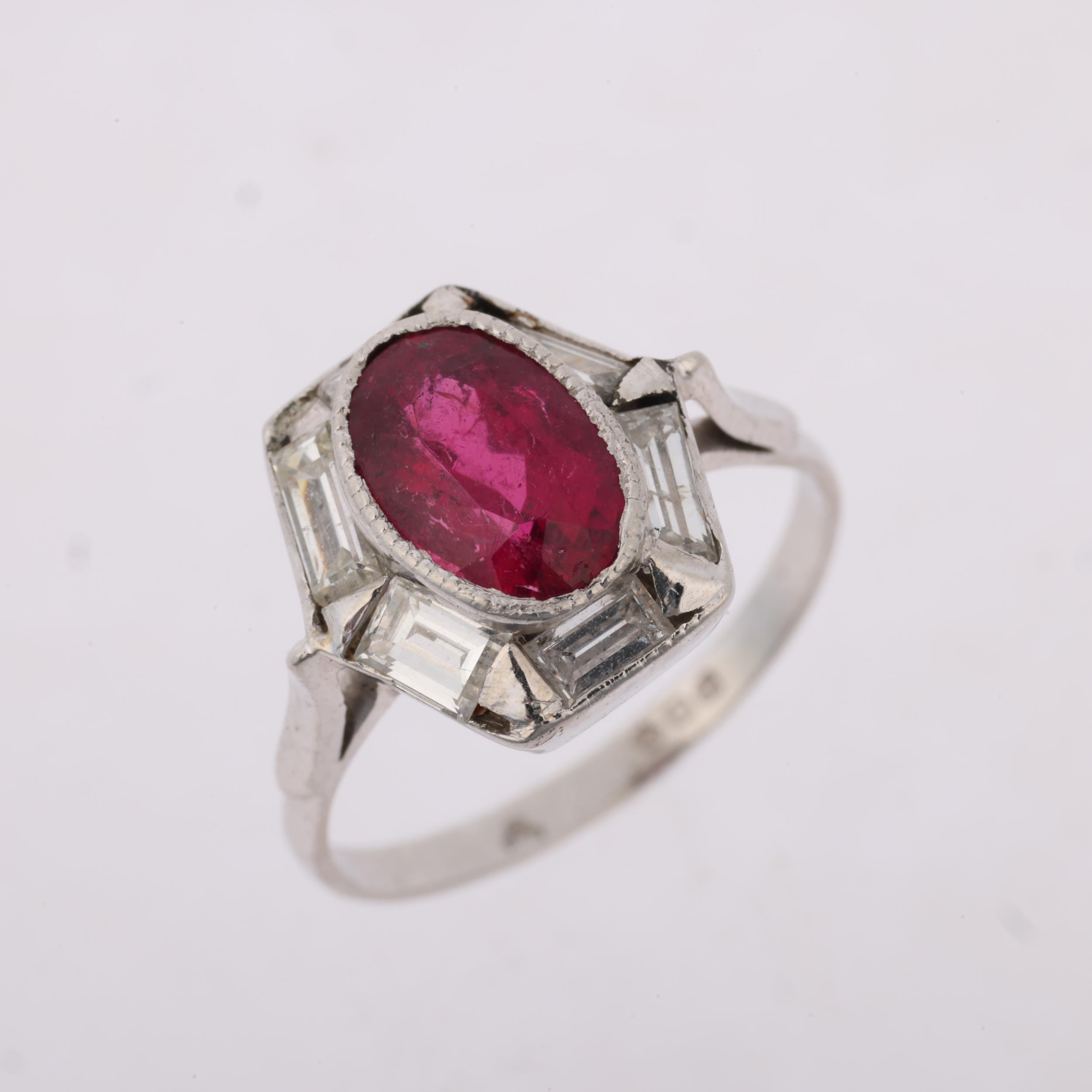 A late 20th century platinum synthetic? ruby and diamond hexagonal panel ring, maker B&M, London - Image 2 of 4