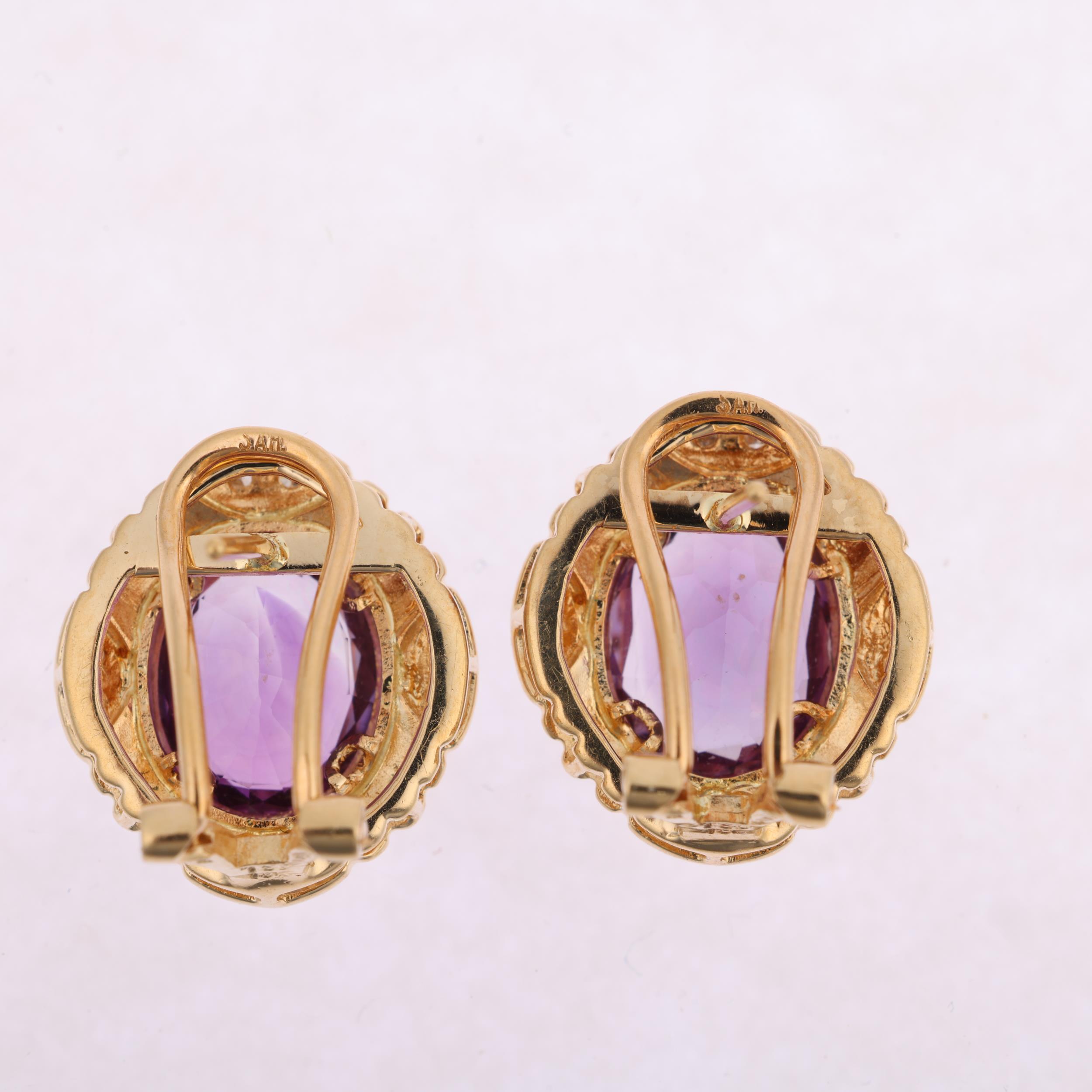 A pair of Italian 18ct gold amethyst and diamond earrings, rub-over set with oval mixed-cut - Image 3 of 4