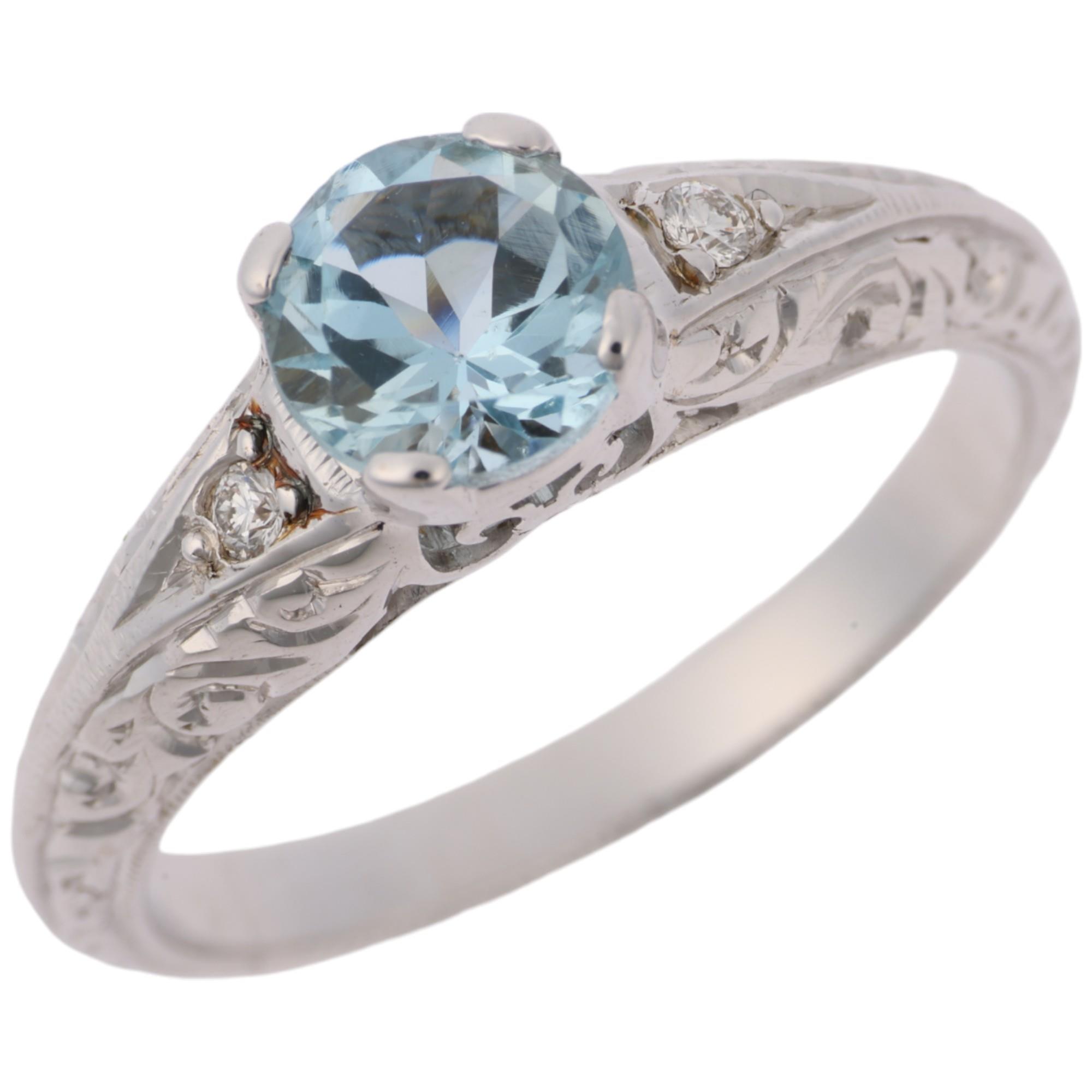 A modern 18ct white gold aquamarine and diamond dress ring, in Art Deco style, claw set with 0.7ct - Image 2 of 4