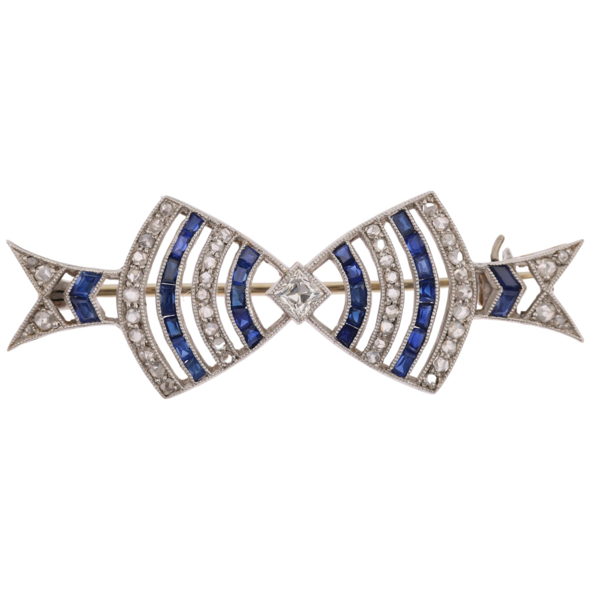 An Art Deco French sapphire and diamond openwork bow tie brooch, circa 1920, set with square and