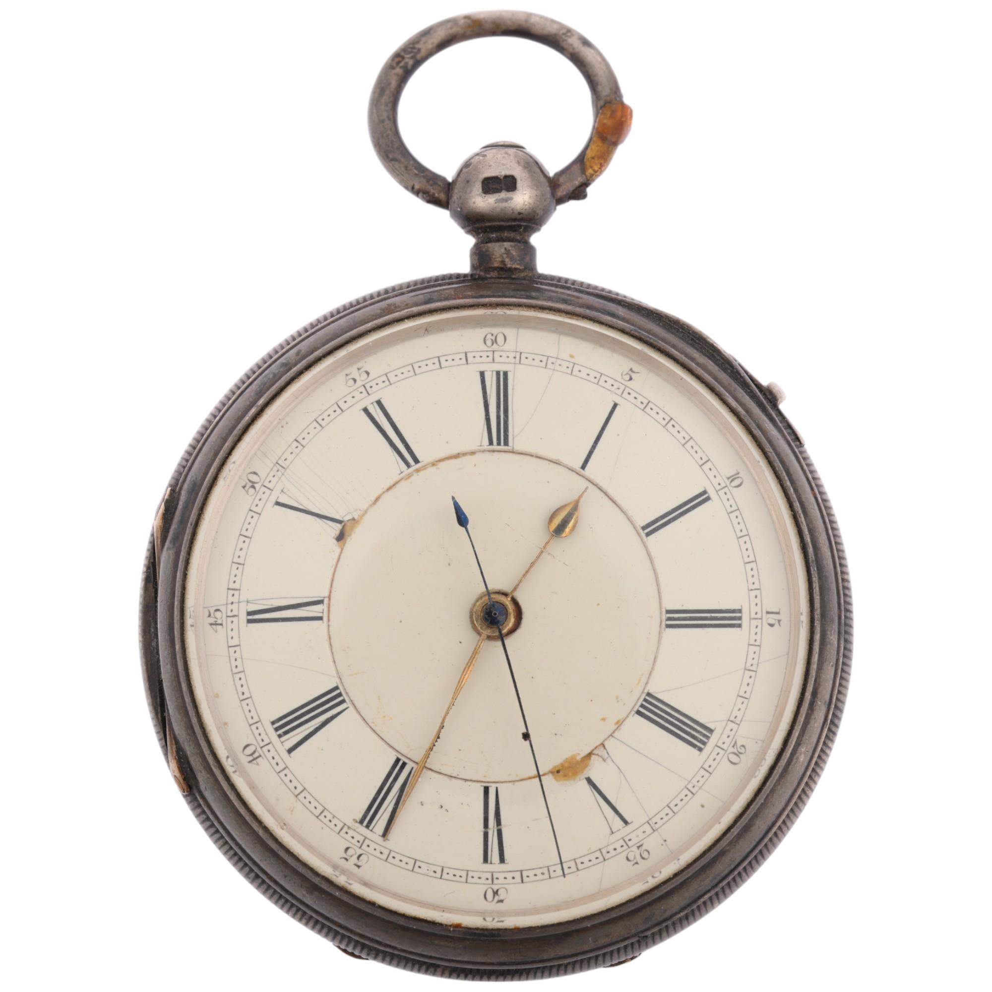 A 19th century silver-cased open-face key-wind chronograph pocket watch, white enamel dial with