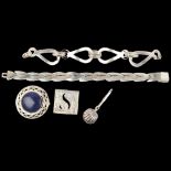Various silver jewellery, including Mexican stylised leaf panel bracelet, 20cm, unmounted sapphire