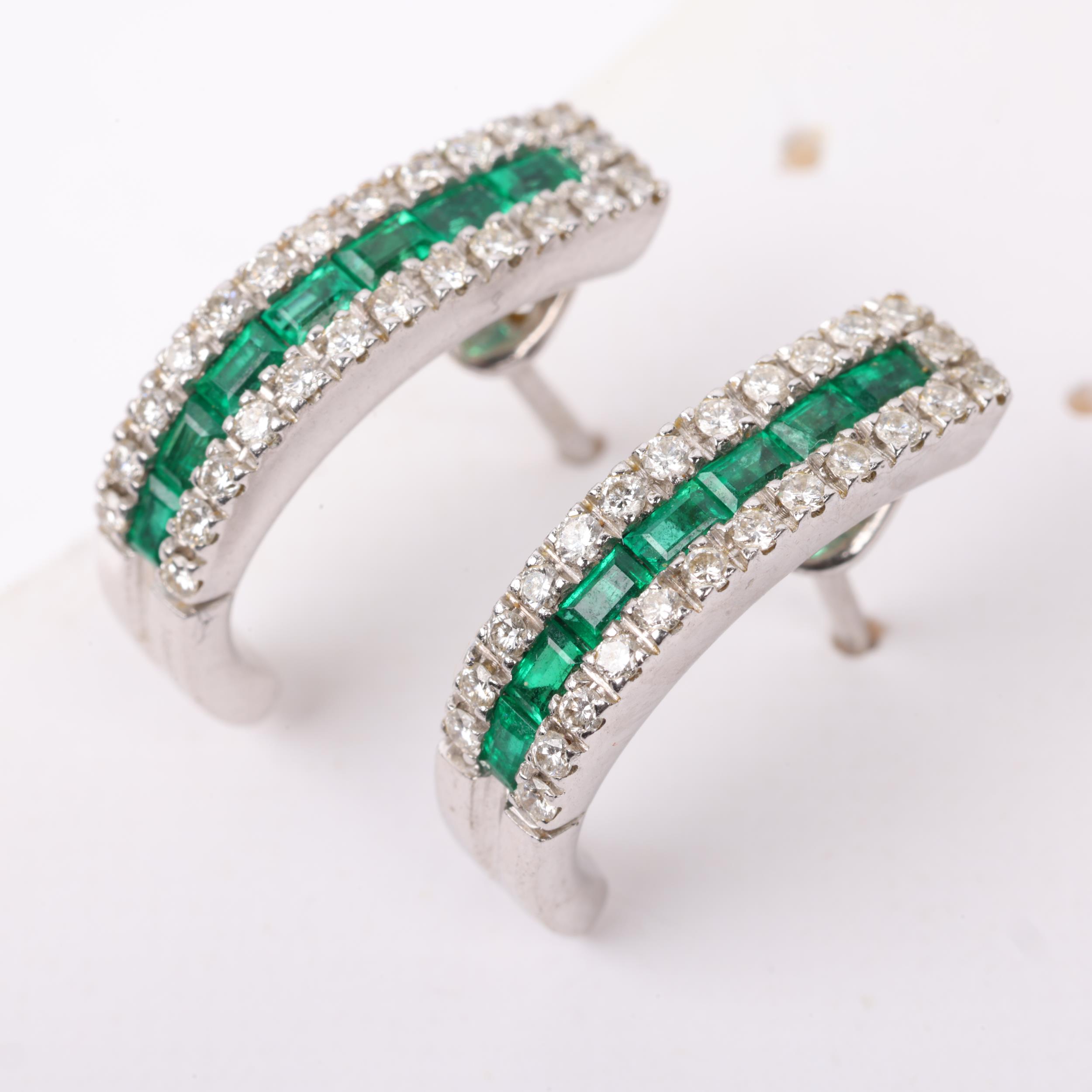 MASSIMO RAITERI - a pair of 18ct white gold emerald and diamond half hoop earrings, with stud - Image 3 of 4