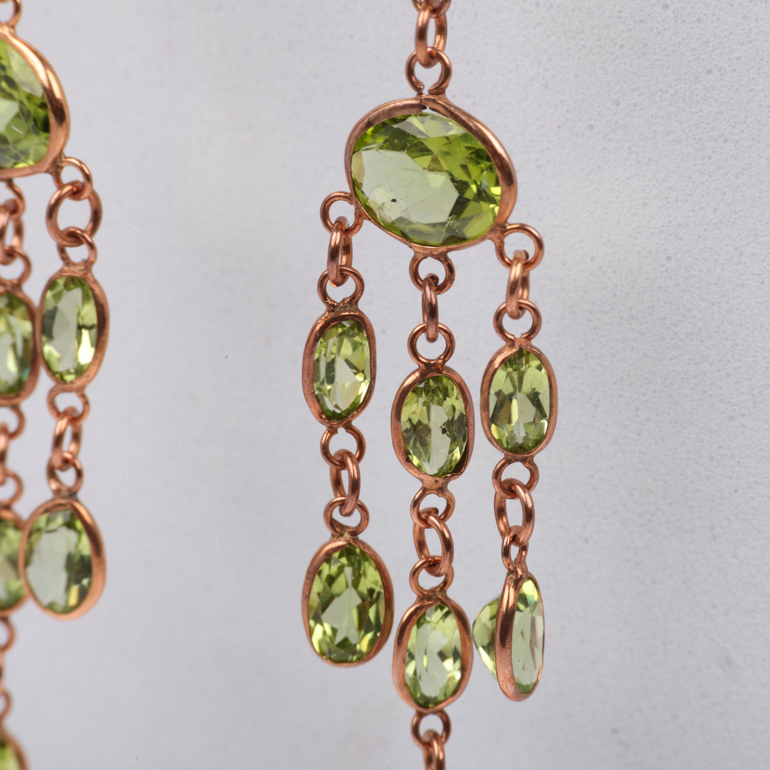 A pair of 9ct rose gold peridot triple drop earrings, maker SA, London 2017, set with oval and - Image 2 of 4
