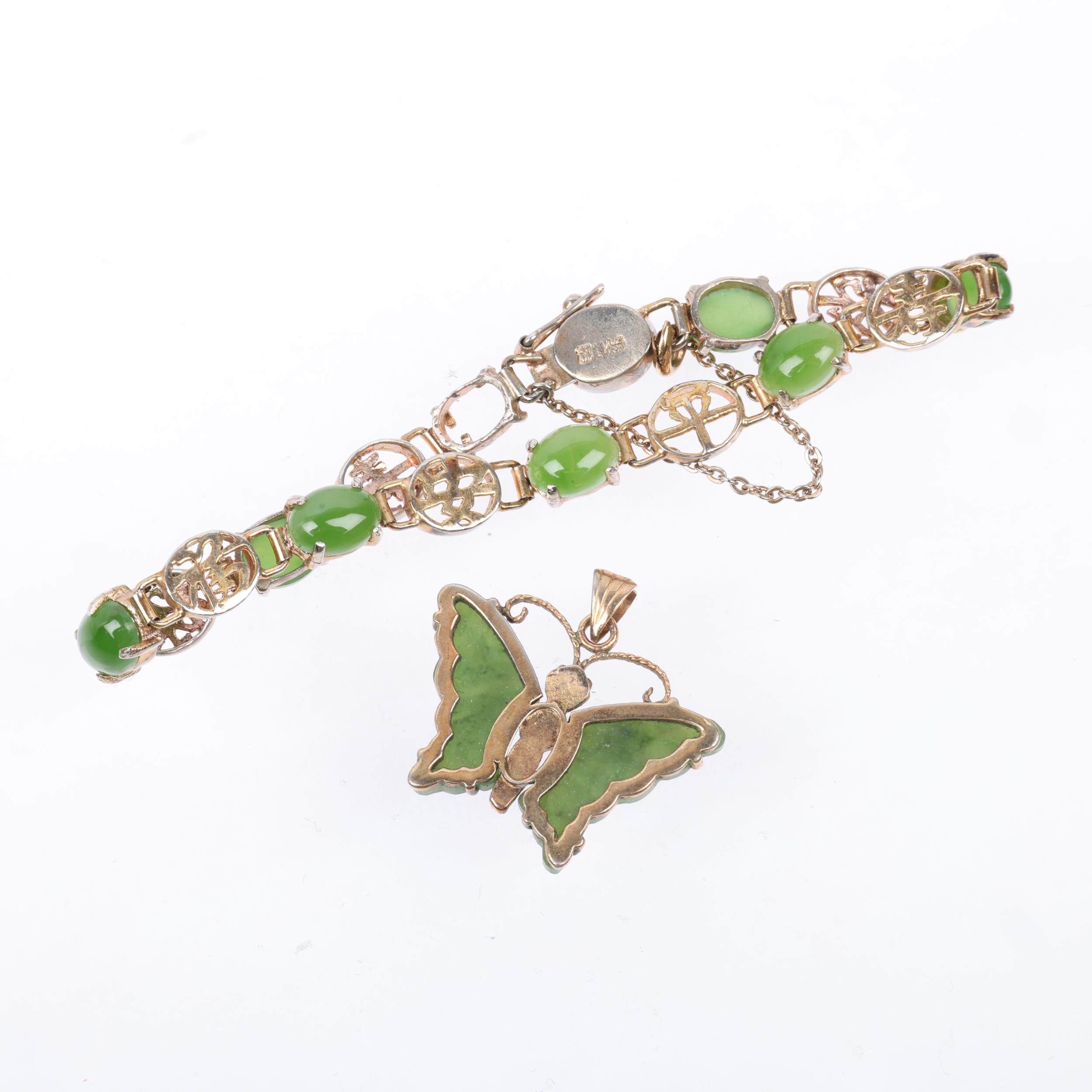 A Chinese silver-gilt jadeite panel bracelet and butterfly pendant, bracelet 17cm, pendant 26.5mm, - Image 3 of 3