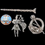 Various silver jewellery, including Joseph Leton Celtic triquetra long brooch, sterling bagpiper