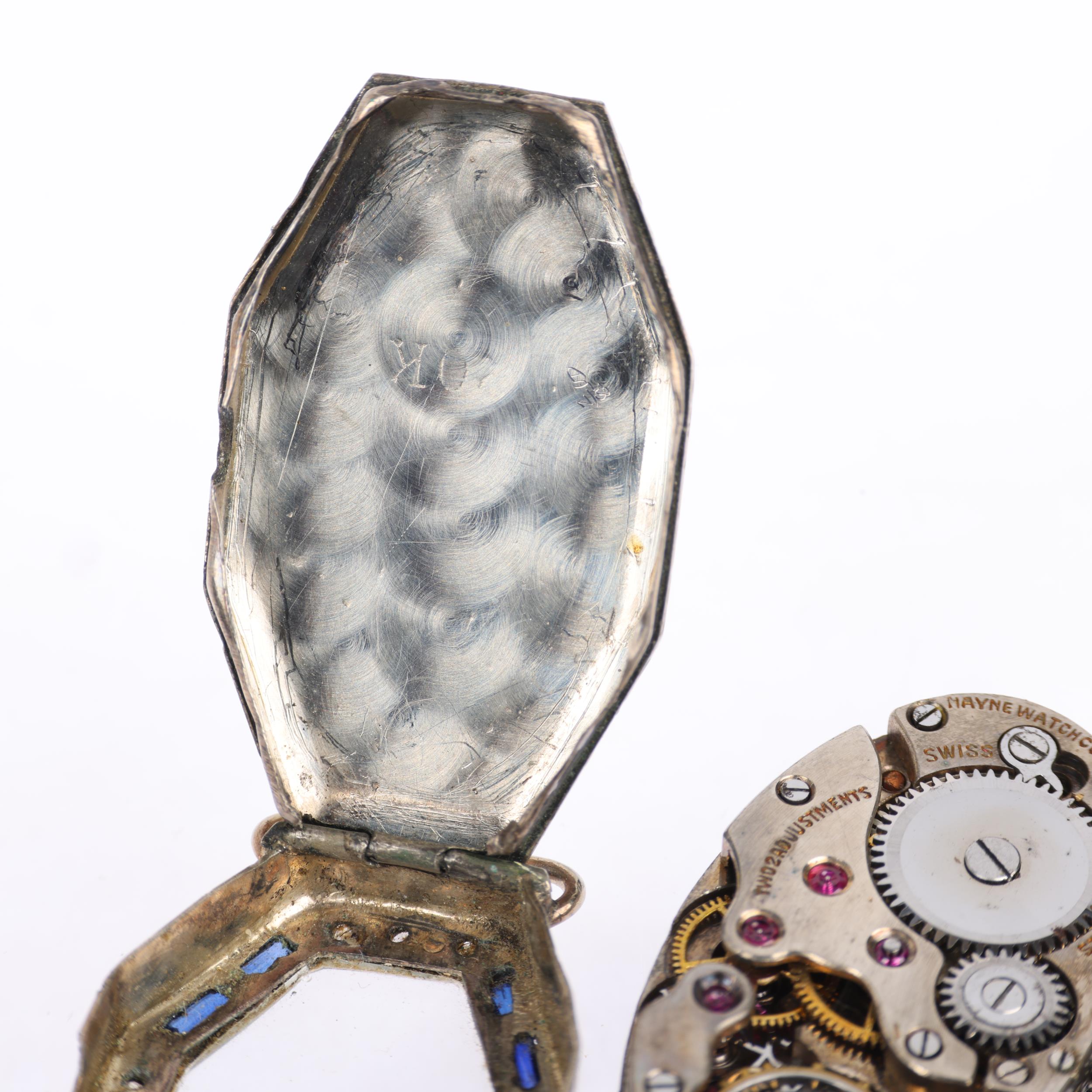 A lady's Art Deco 20ct white gold sapphire and diamond cocktail watch head, by Mayne Watch Co, circa - Image 5 of 5