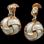 A pair of Danish vermeil silver and white enamel knot drop earrings, with screw-back fittings, no