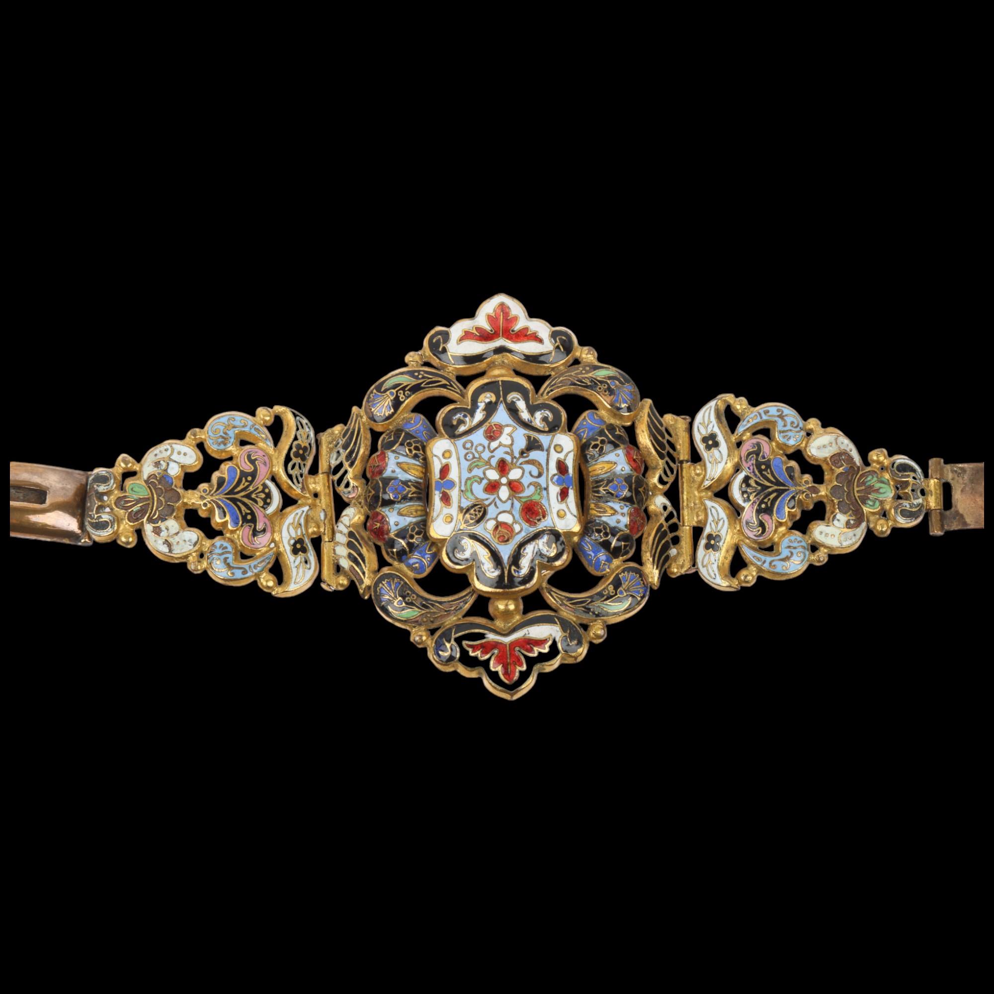 A large 19th century Austro-Hungarian gilt-metal enamel floral panel bracelet, setting height 63.