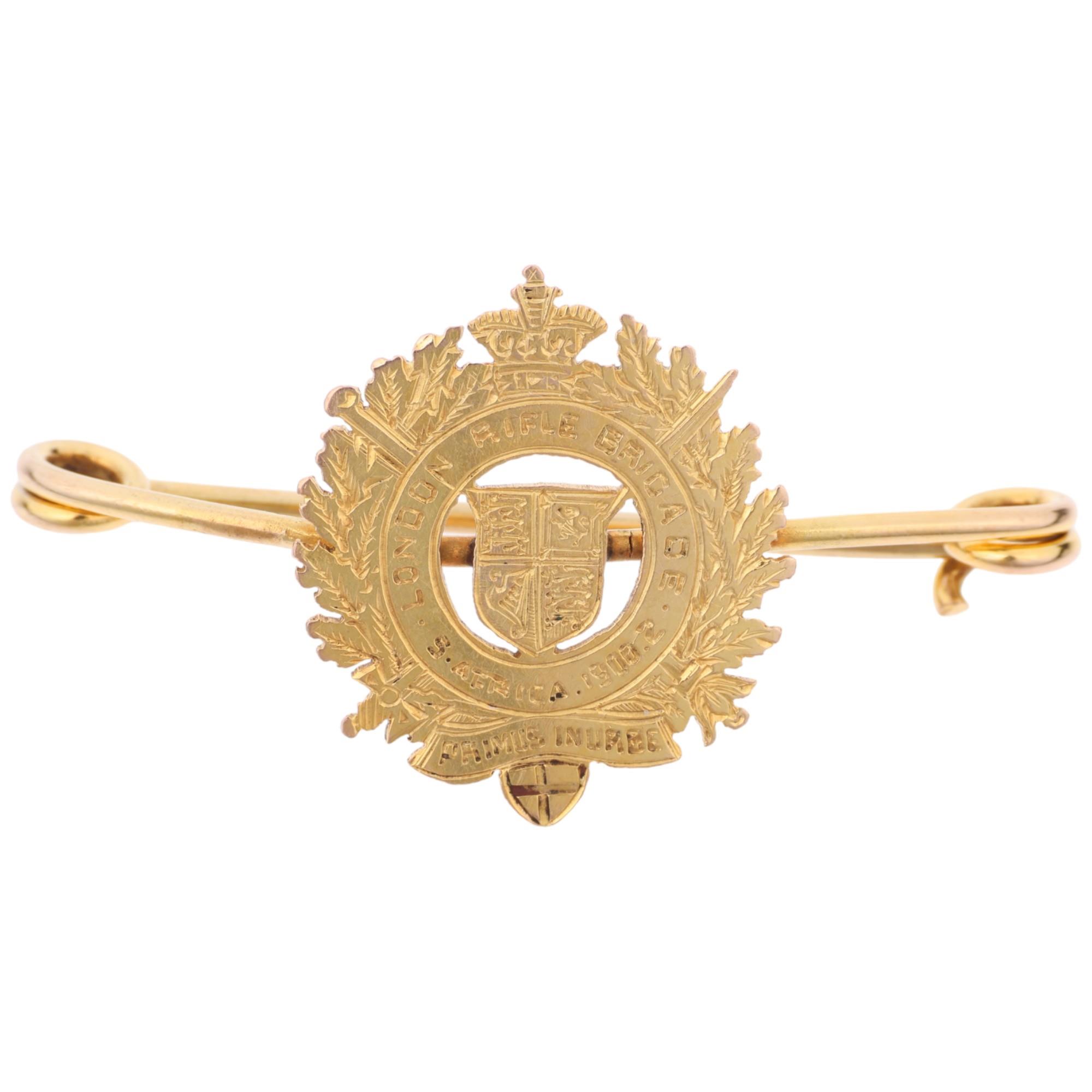 An early 20th century 9ct gold London Rifle Brigade military sweetheart bar brooch, South Africa