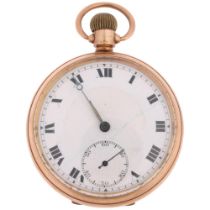 An early 20th century 9ct rose gold open-face keyless pocket watch, white enamel dial with Roman