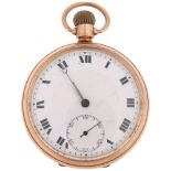 An early 20th century 9ct rose gold open-face keyless pocket watch, white enamel dial with Roman