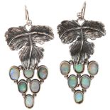 A pair of Art Nouveau style silver and opal doublet grape drop earrings, maker BJT, London 1990,