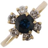 An 18ct gold sapphire and diamond flowerhead cluster ring, total diamond content approx 0.4ct,