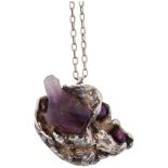 A Danish brutalist amethyst crystal and pearl abstract pendant necklace, apparently unmarked, on