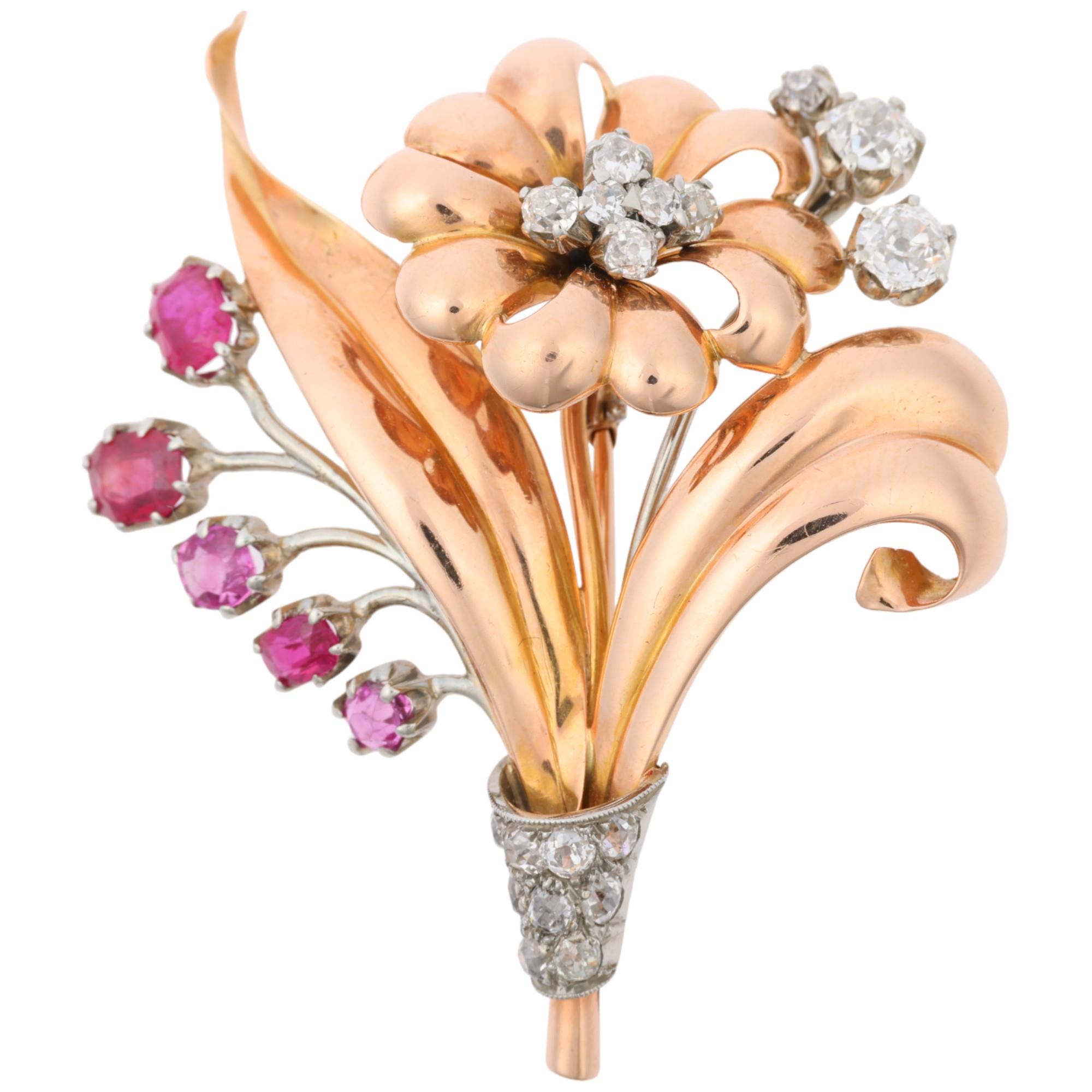 A 1950s 18ct rose gold ruby and diamond floral spray brooch, maker CBC?, set with oval mixed-cut