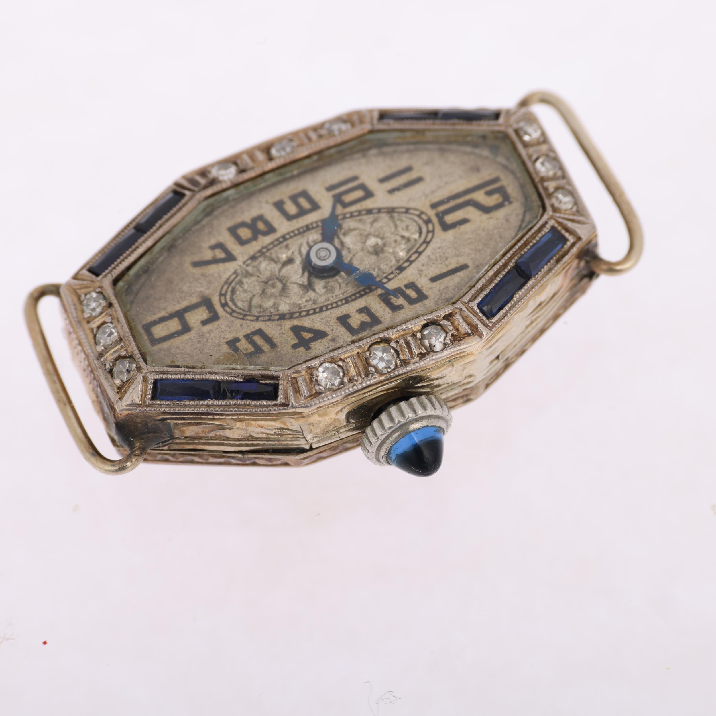 A lady's Art Deco 20ct white gold sapphire and diamond cocktail watch head, by Mayne Watch Co, circa - Image 2 of 5