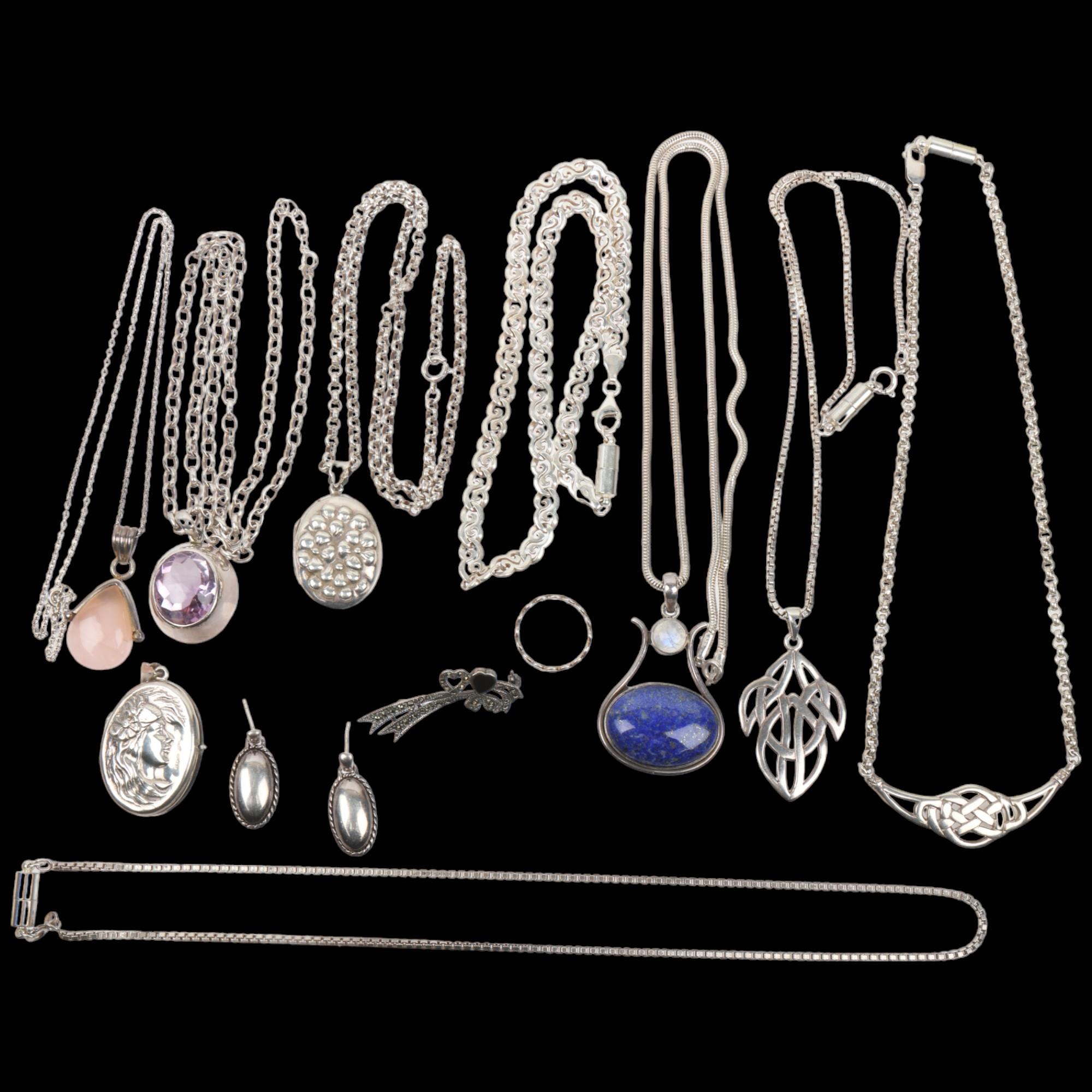 Various silver jewellery, including chain necklaces, Mackintosh style pendant necklace, locket, etc,