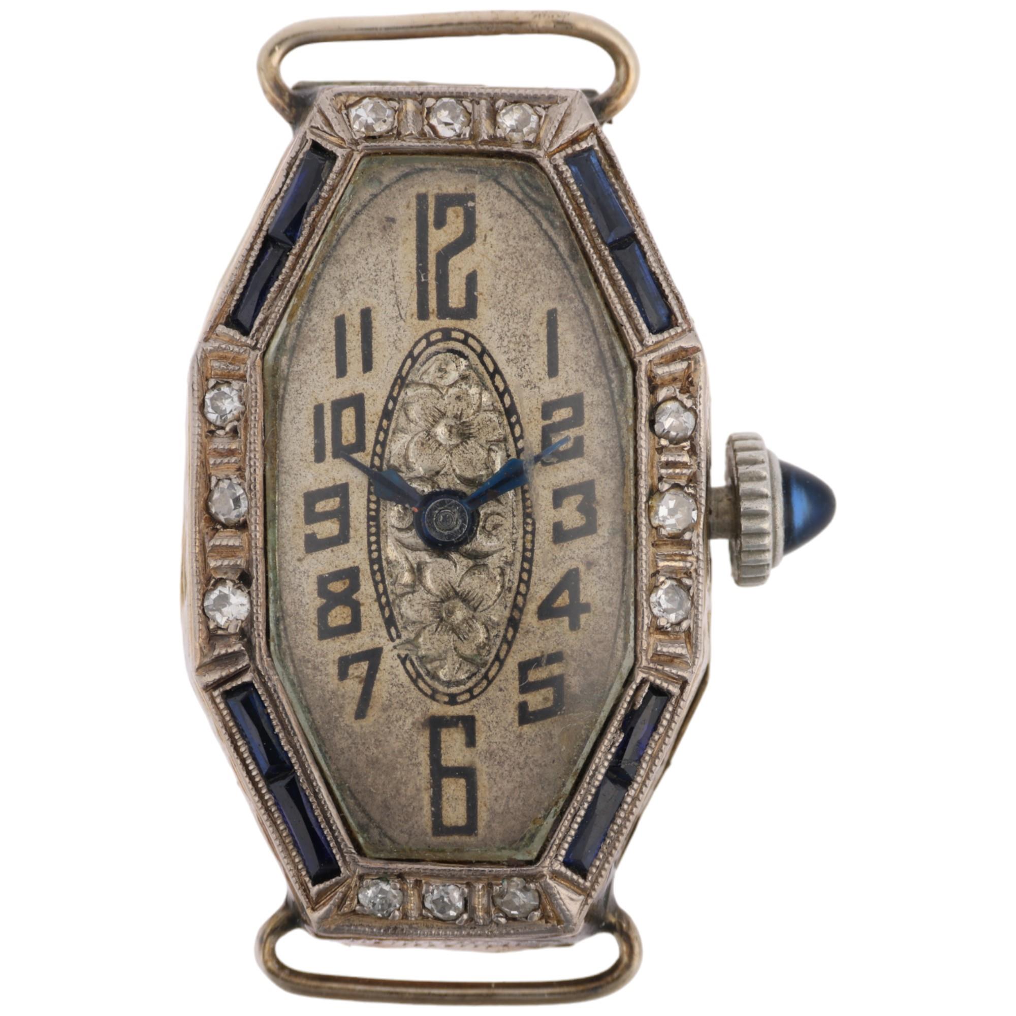 A lady's Art Deco 20ct white gold sapphire and diamond cocktail watch head, by Mayne Watch Co, circa