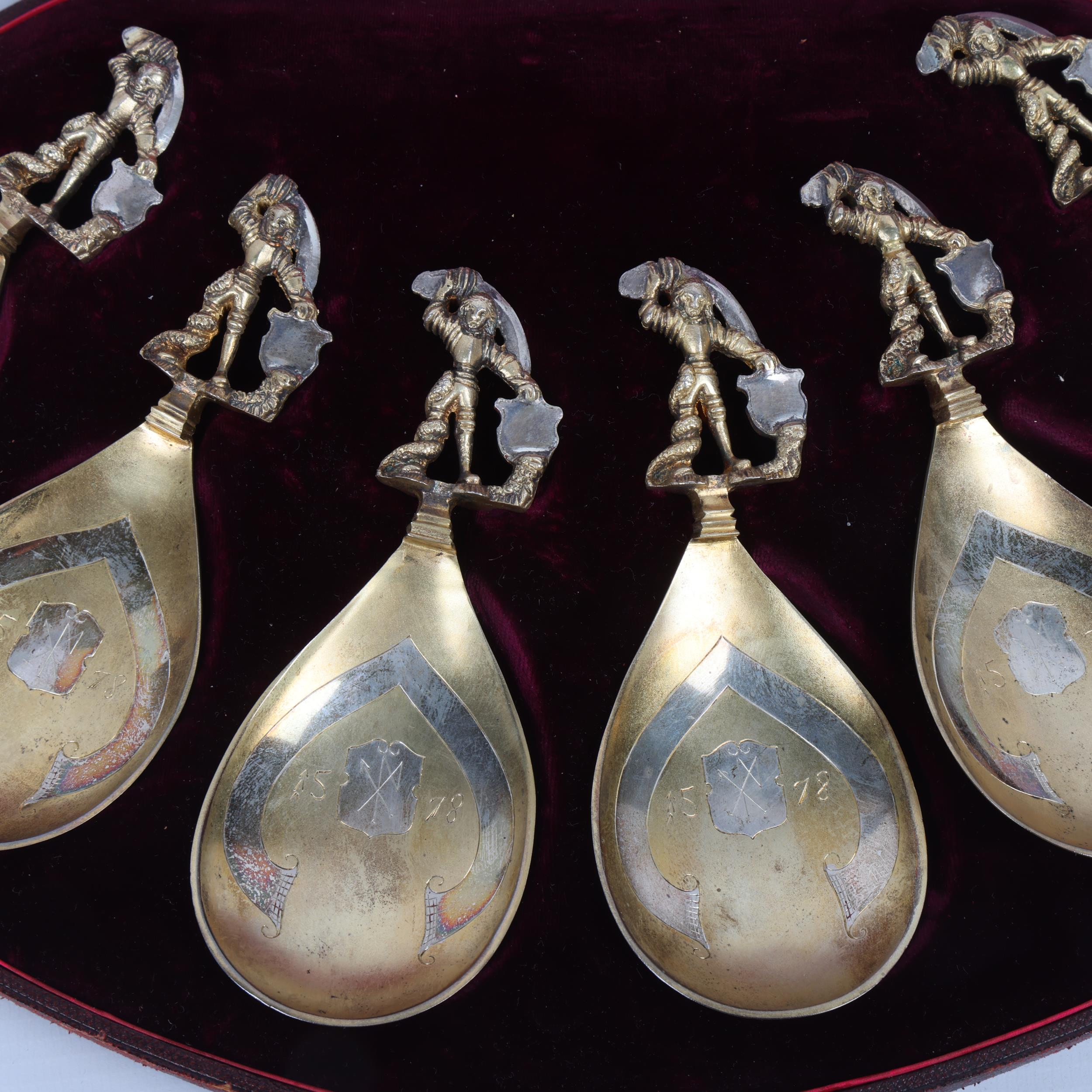 A cased set of 6 parcel-gilt silver 16th century style Scandinavian spoons, CJ Vander, London - Image 2 of 3