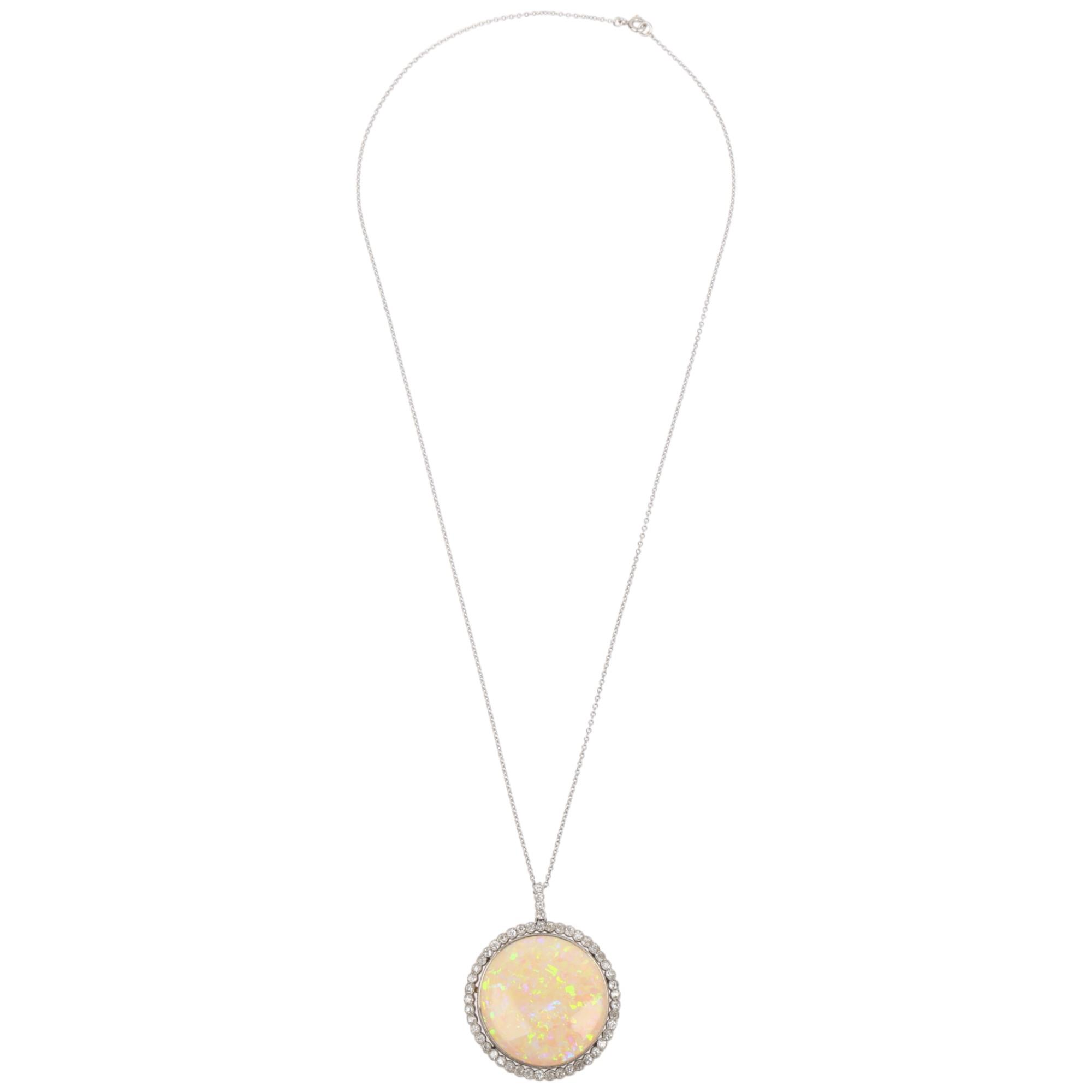 A Belle Epoque opal and diamond cluster pendant necklace, rub-over set with 15ct round cabochon opal - Image 2 of 5