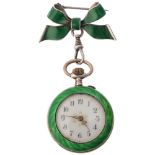 A Swiss silver-gilt green enamel open-face keyless fob watch, white enamel dial with hand painted