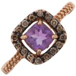 A modern 9ct rose gold amethyst and diamond halo cluster ring, setting height 9.2mm, size M, 2.2g