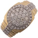 A large 9ct gold diamond cluster signet ring, pave set with modern round brilliant-cut diamonds