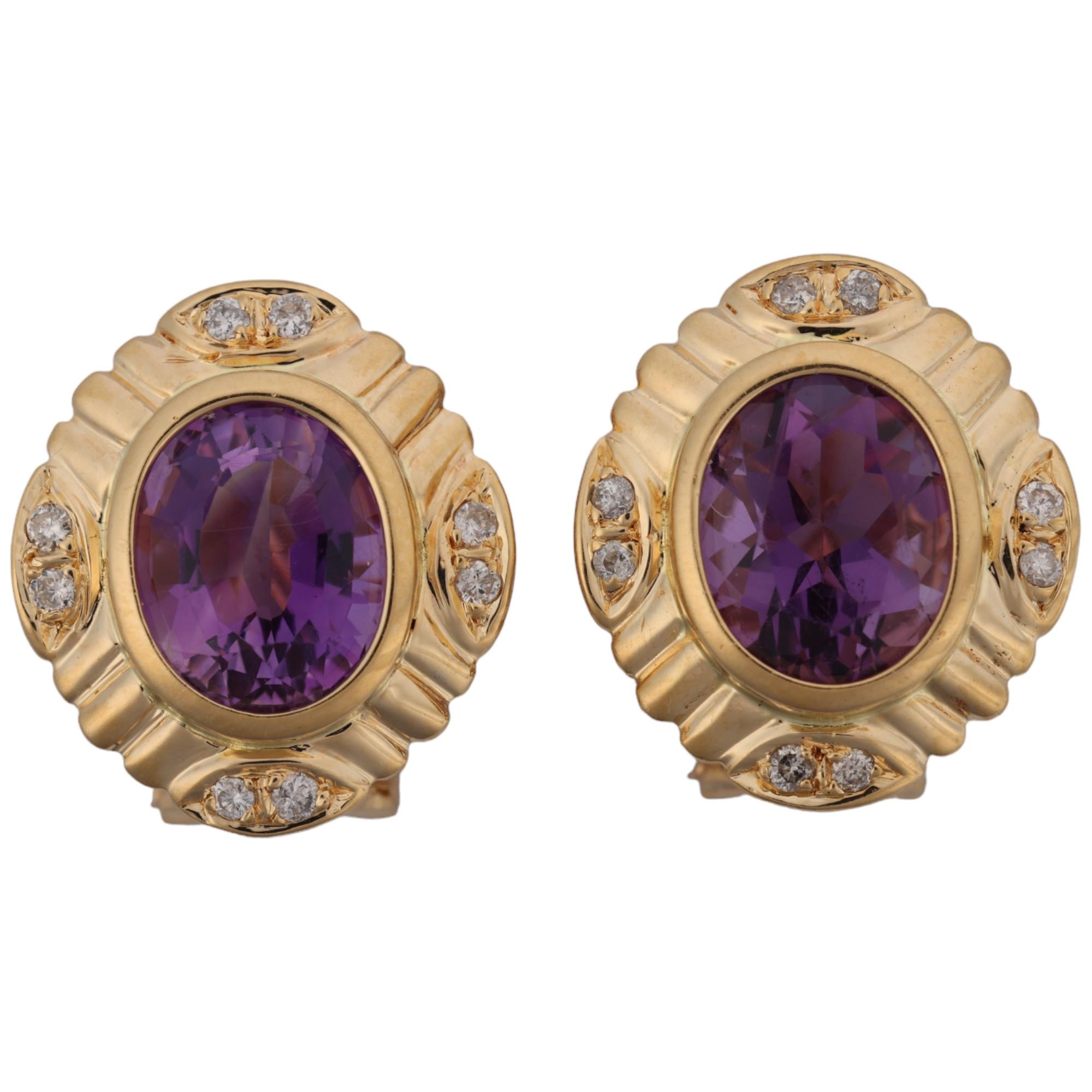 A pair of Italian 18ct gold amethyst and diamond earrings, rub-over set with oval mixed-cut
