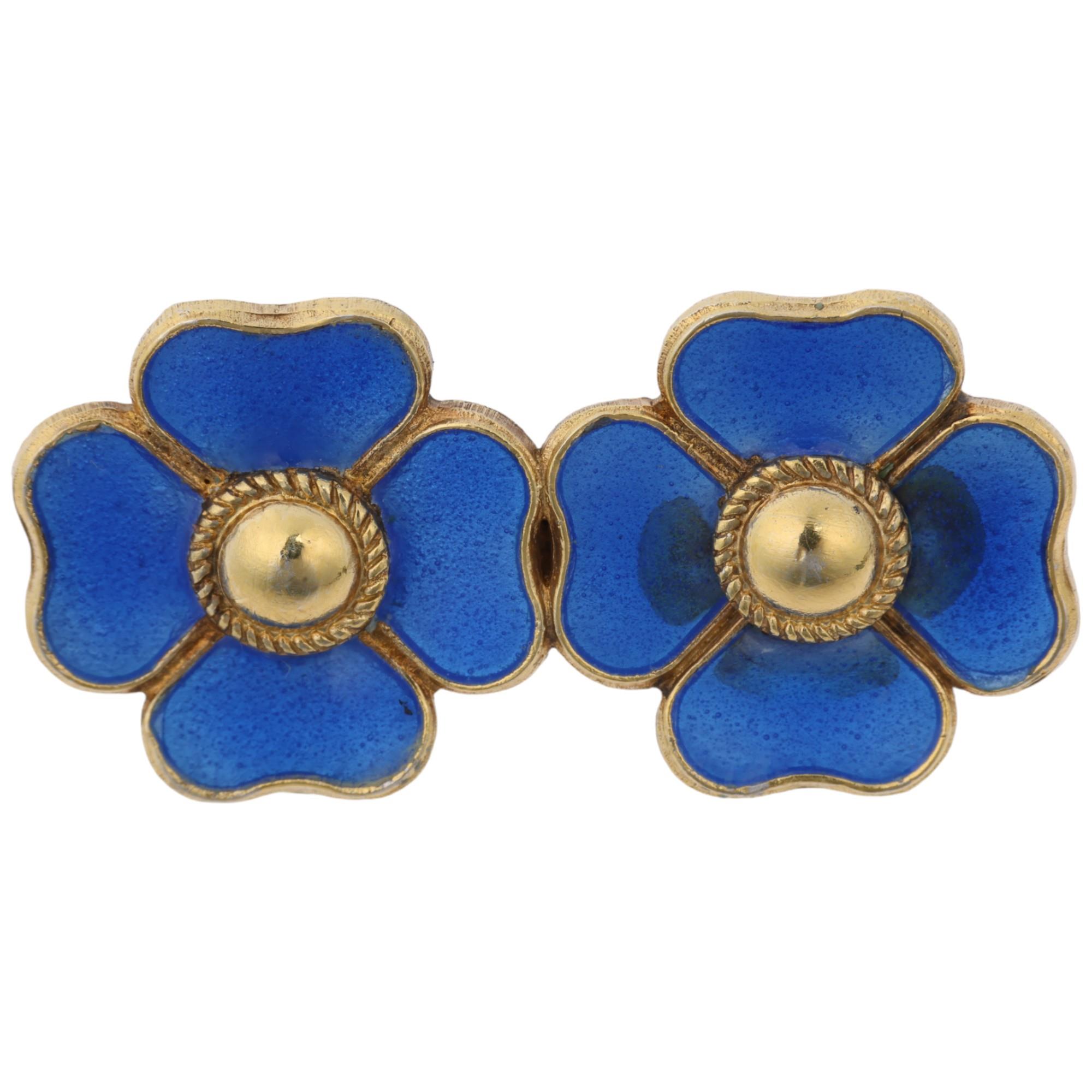 A Danish modernist sterling silver-gilt blue enamel double flowerhead brooch, indistinct maker's