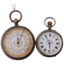 2 silver-cased open-face fob watches, largest case width 42mm, only keyless example working (2)