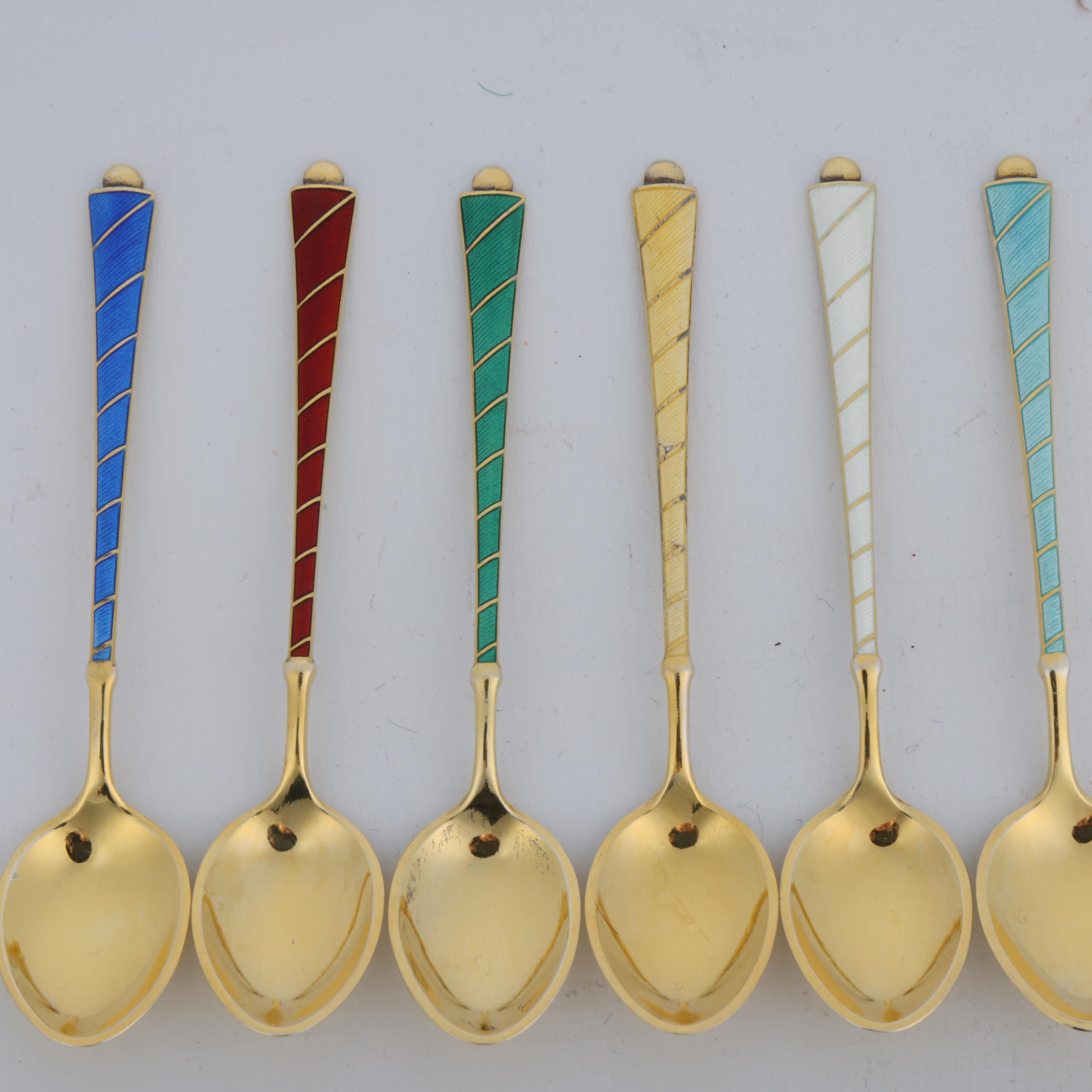 EGON LAURIDSEN - a set of 6 Danish vermeil sterling silver and harlequin enamel coffee spoons, 9.5cm - Image 2 of 3