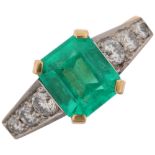 An 18ct gold Colombian emerald and diamond ring, centrally claw set 2.4ct emerald step-cut