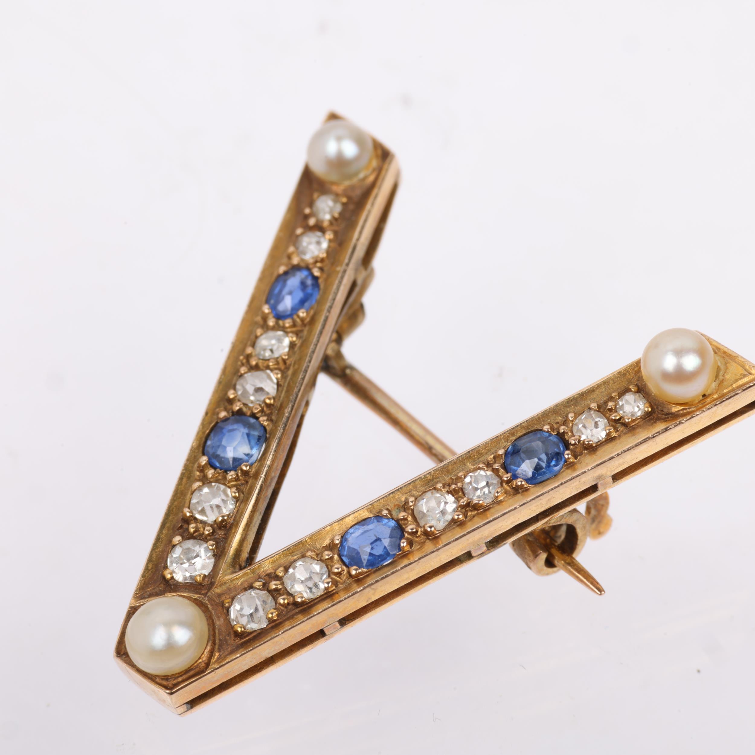 A Victorian sapphire pearl and diamond initial V brooch, apparently unmarked, 25.4mm, 3.2g Condition - Image 2 of 4