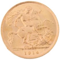 A George V 1914 gold half sovereign coin, 3.9g Condition Report: No damage, general wear to high