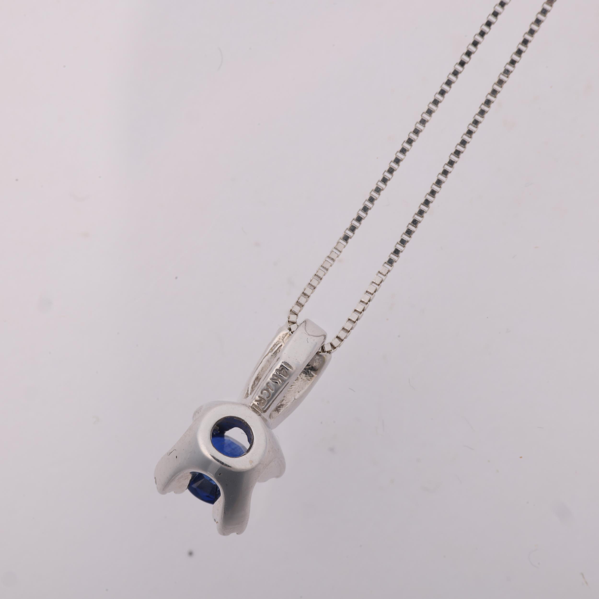 A modern 14ct white gold sapphire and diamond pendant necklace, on 18ct fine box link chain, pendant - Image 3 of 4