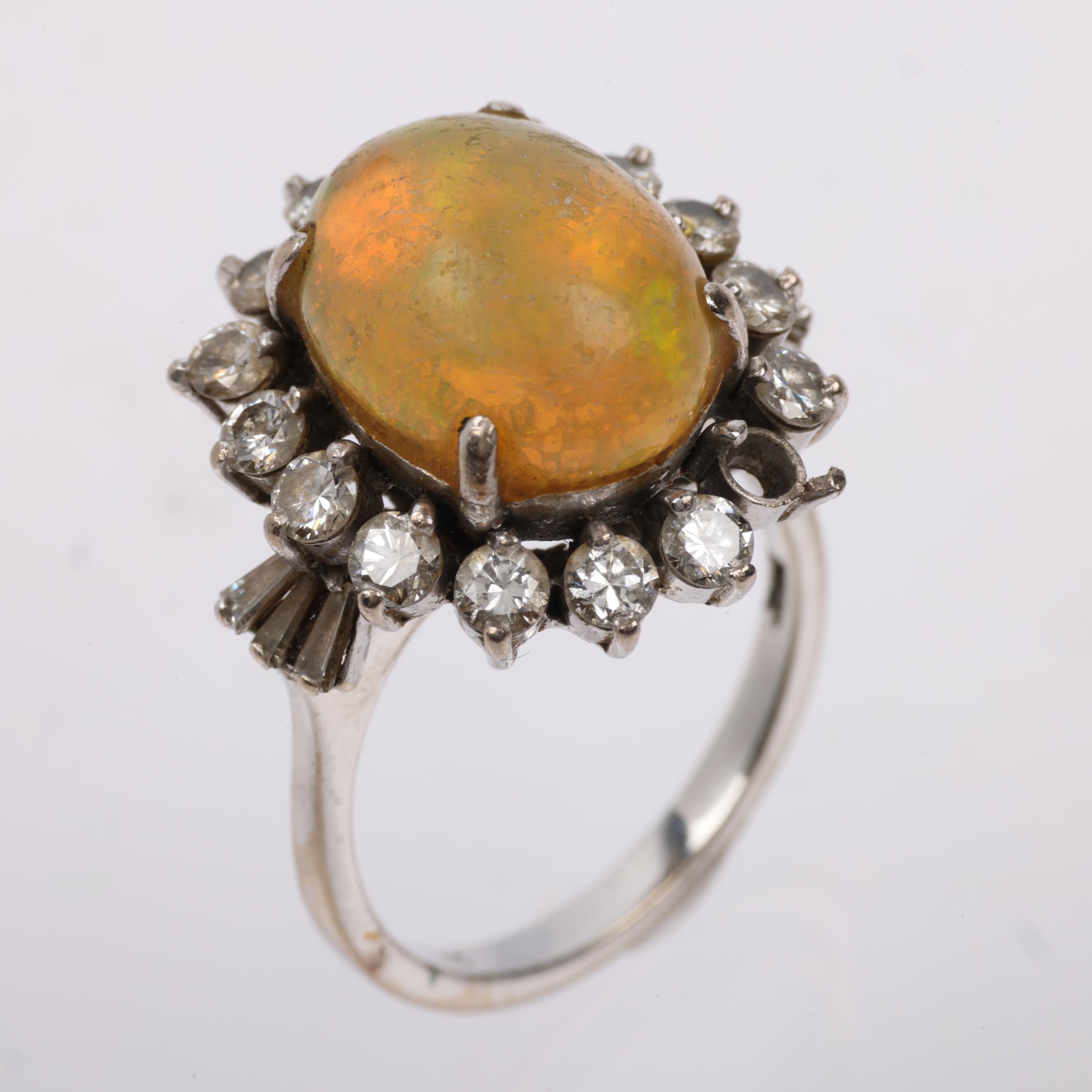 A 14ct white gold Ethiopian opal and diamond oval cluster ring, claw set with oval cabochon opal and - Image 2 of 4