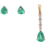 A 14ct gold Zambian emerald and diamond pendant and earring set, claw set with pear-cut emeralds and