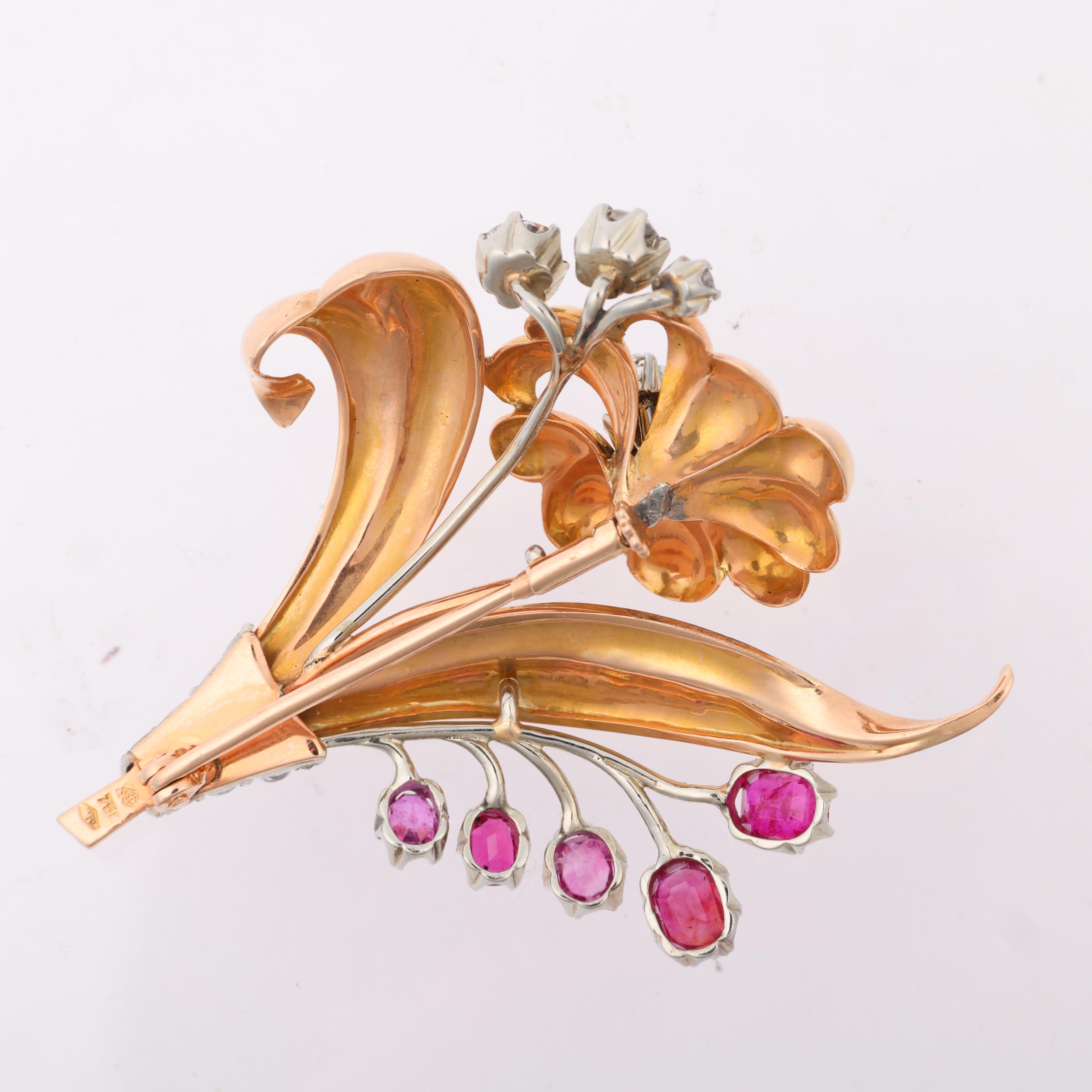 A 1950s 18ct rose gold ruby and diamond floral spray brooch, maker CBC?, set with oval mixed-cut - Image 3 of 4