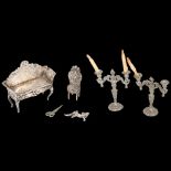 Various doll's house items, including German silver settee, import Chester 1901, 5.5cm, and filigree
