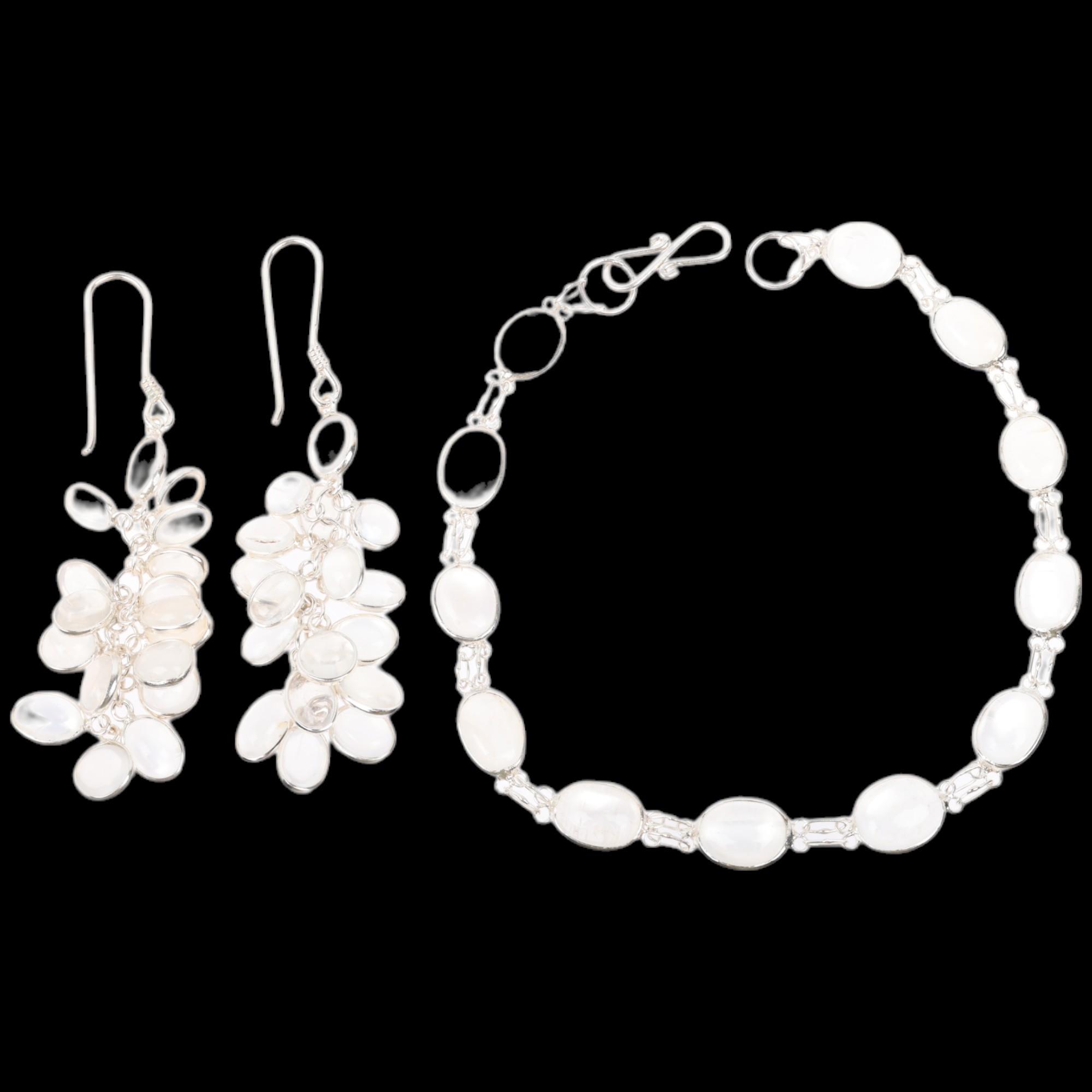 A sterling silver moonstone line bracelet and pair of grape earrings, bracelet 20cm, earrings 59.