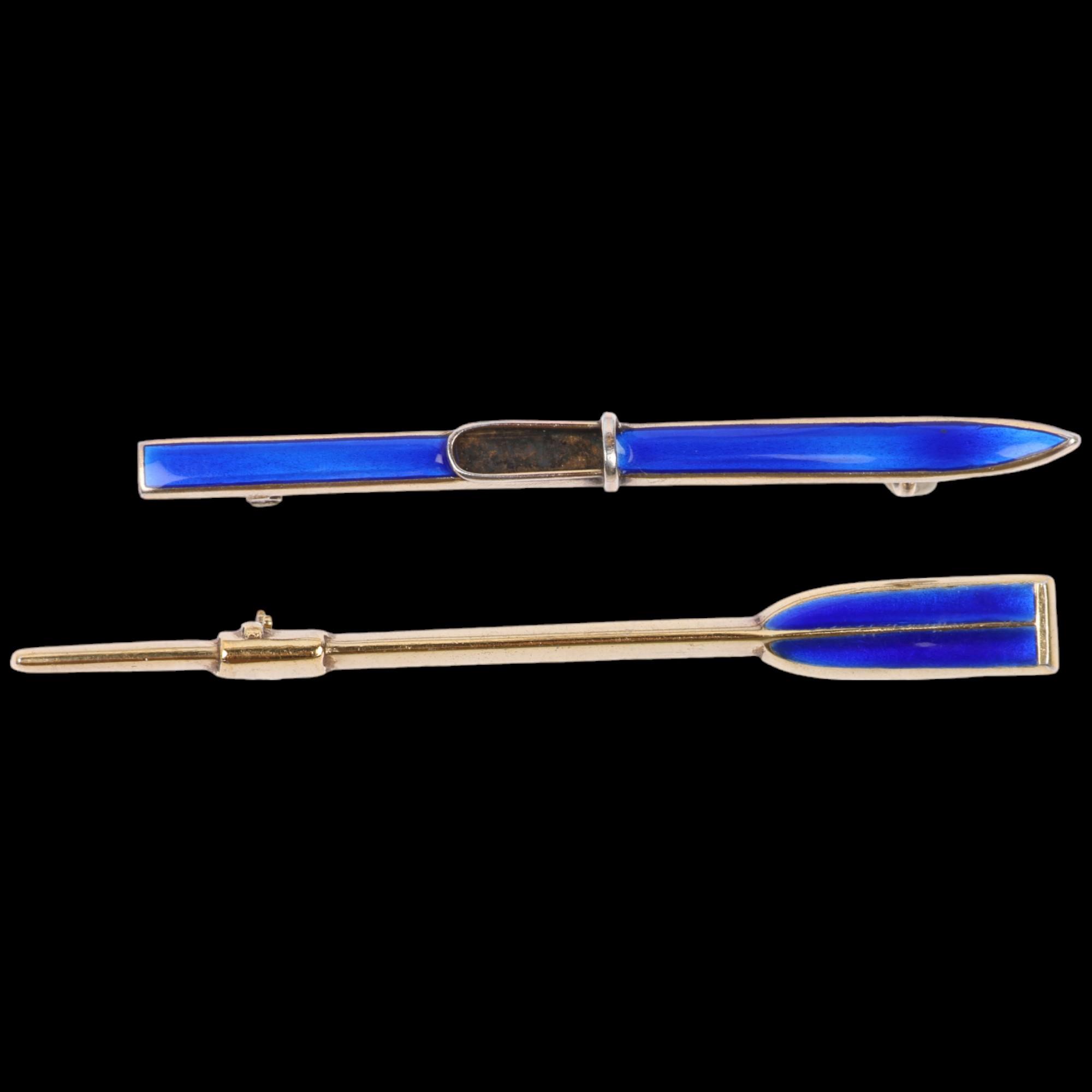 2 Scandinavian sterling silver-gilt blue enamel sporting brooches, comprising Norne Aksel Holmsen