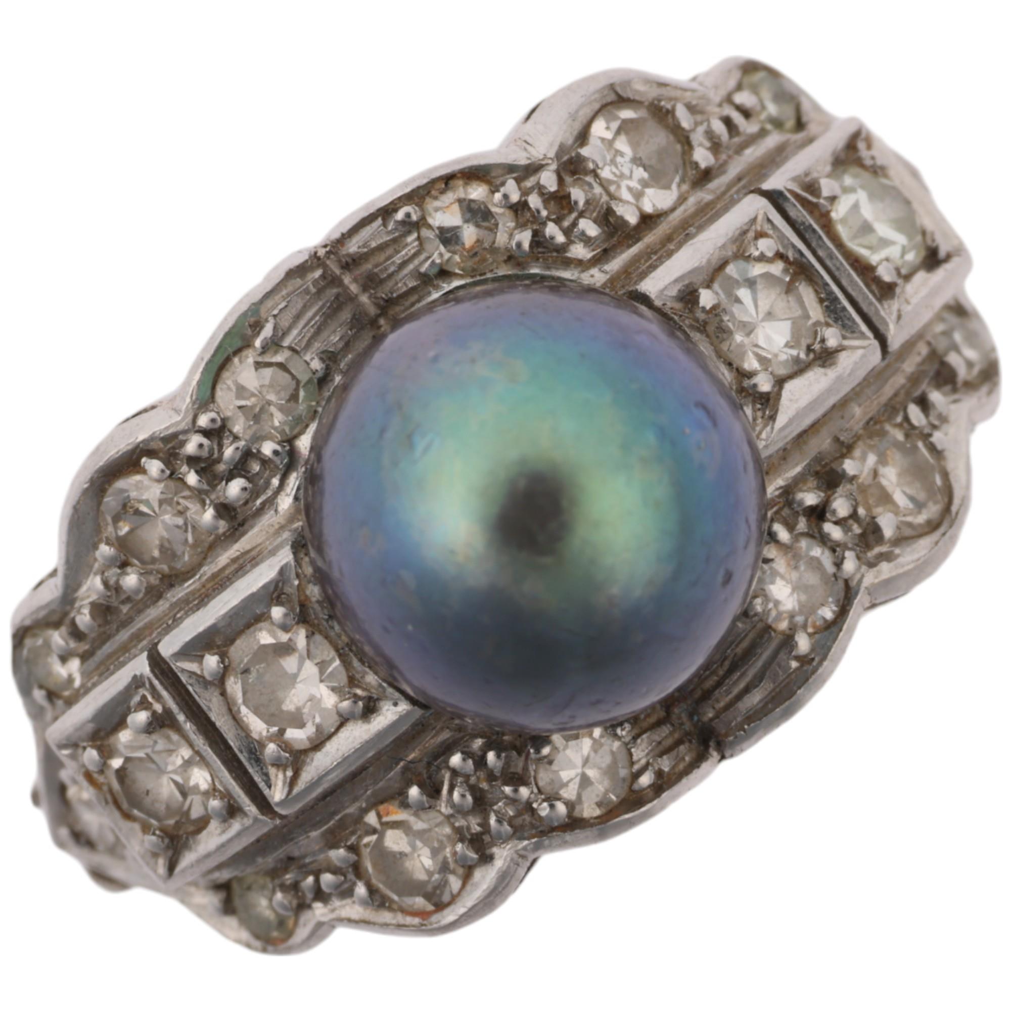 An Art Deco style whole black Tahitian pearl and diamond panel ring, setting height 11.5mm, size