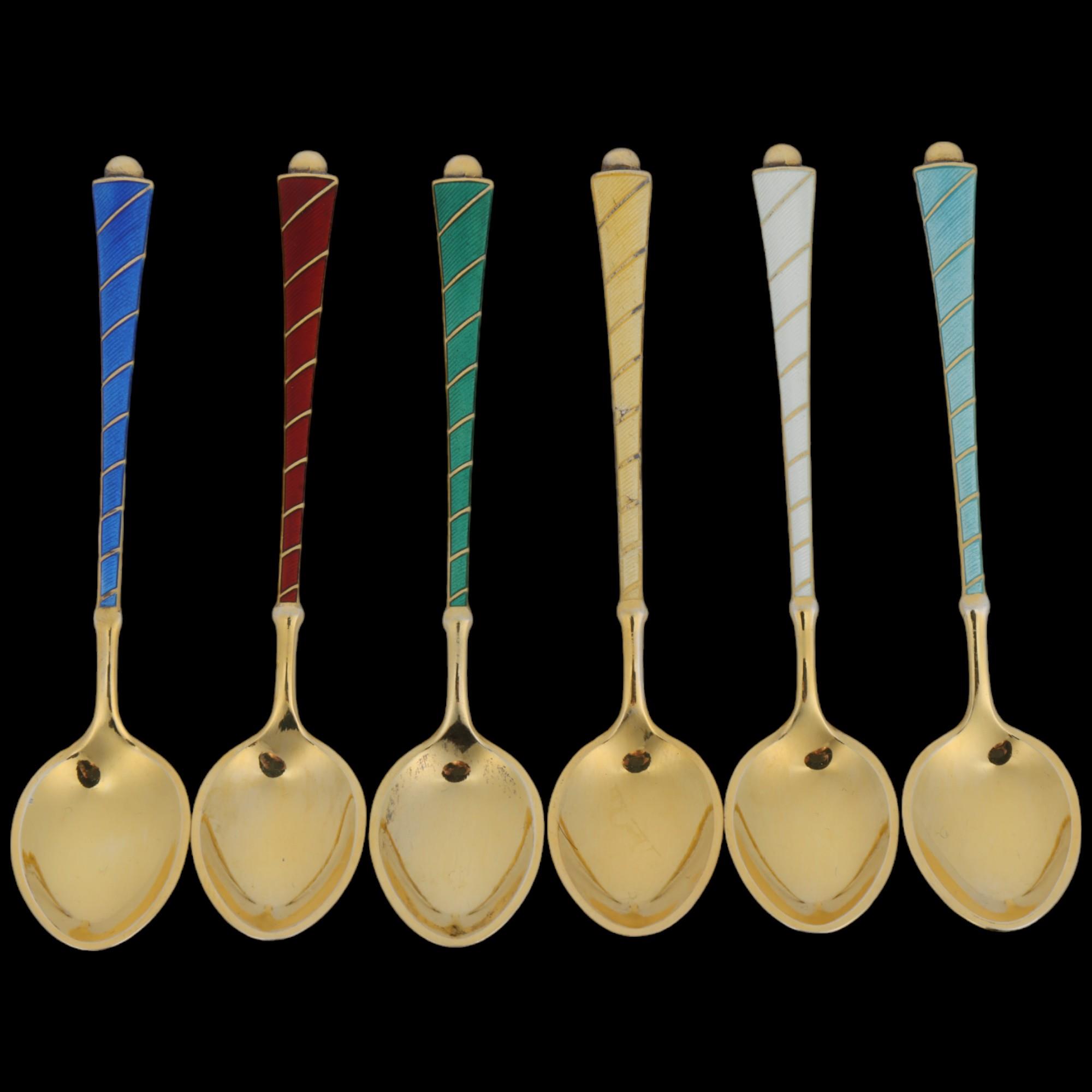 EGON LAURIDSEN - a set of 6 Danish vermeil sterling silver and harlequin enamel coffee spoons, 9.5cm