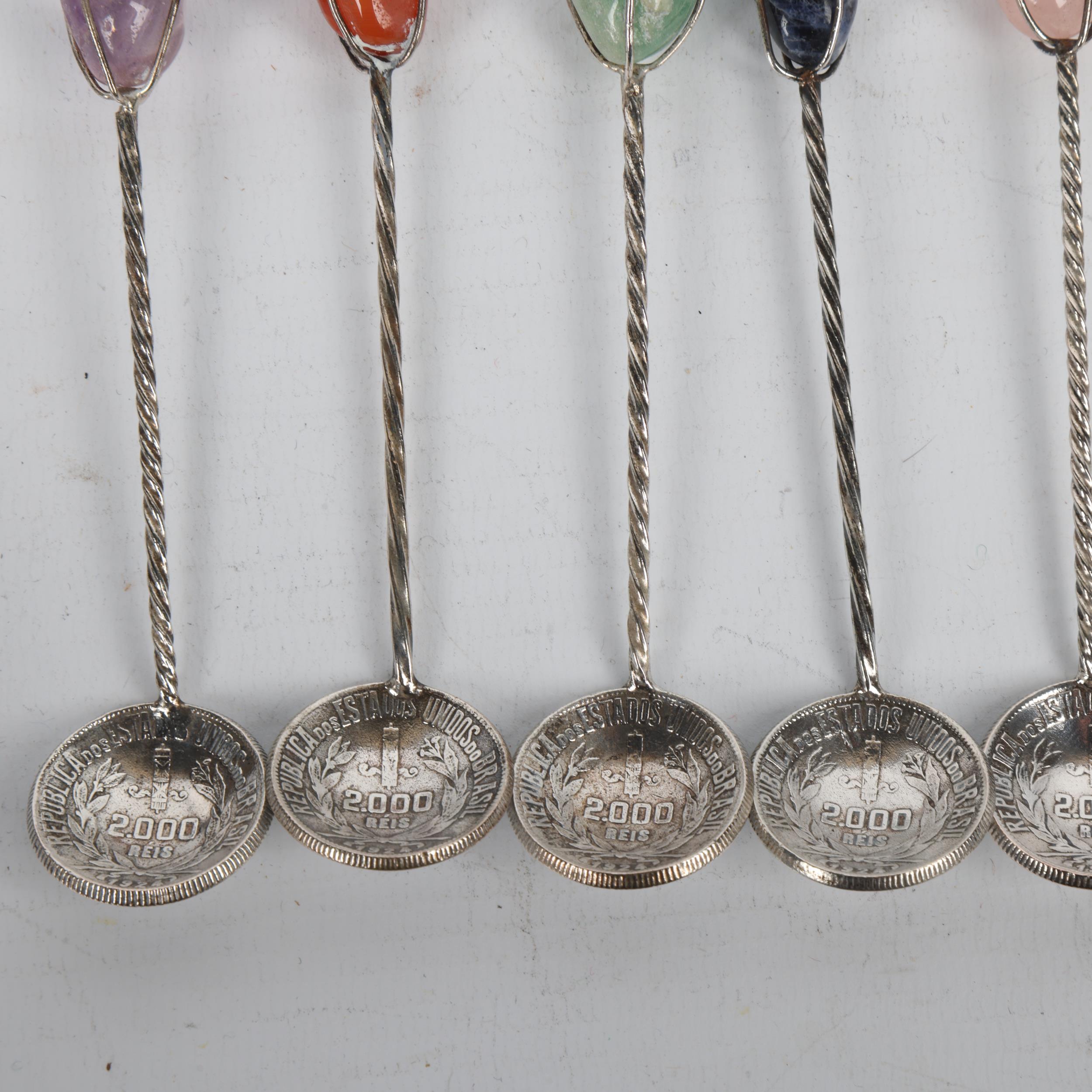 A set of 6 Brazilian silver 2000 Reis coin coffee spoons, each set with hardstone terminal and - Image 2 of 3