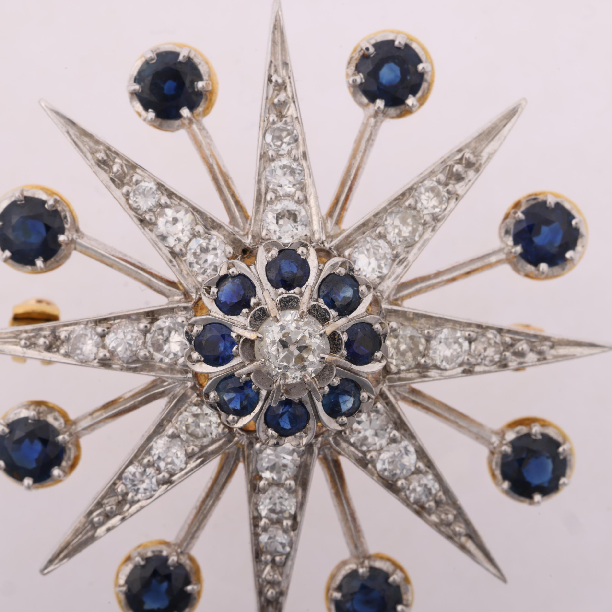 A large modern sapphire and diamond 8-ray starburst brooch, in the Victorian style, set with round- - Image 2 of 4